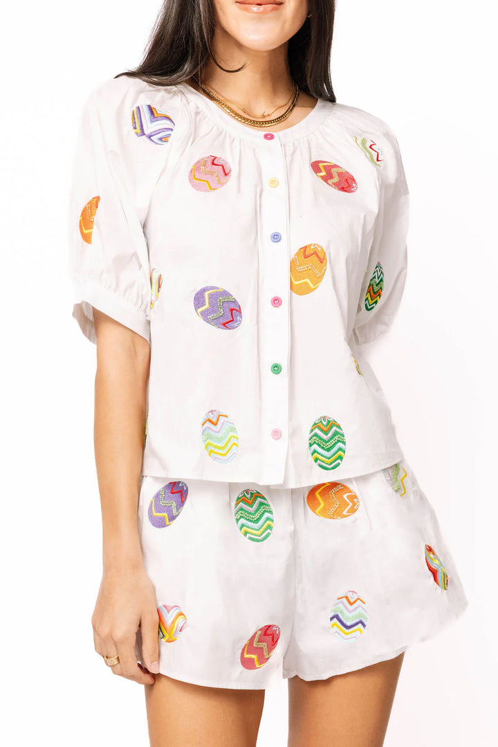 Queen of Sparkles White Multi Easter Egg Button Up Cotton Top