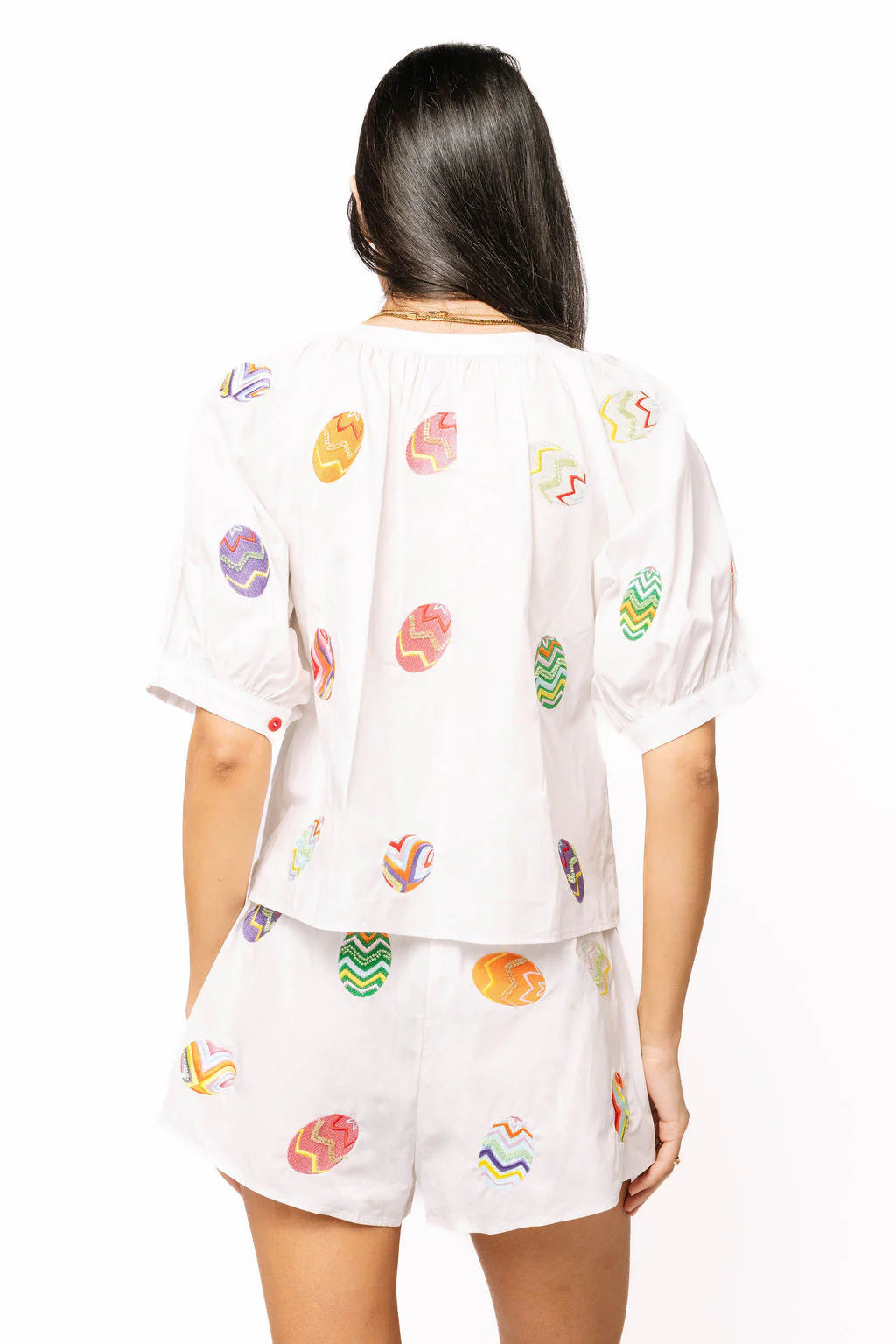 Queen of Sparkles White Multi Easter Egg Button Up Cotton Top