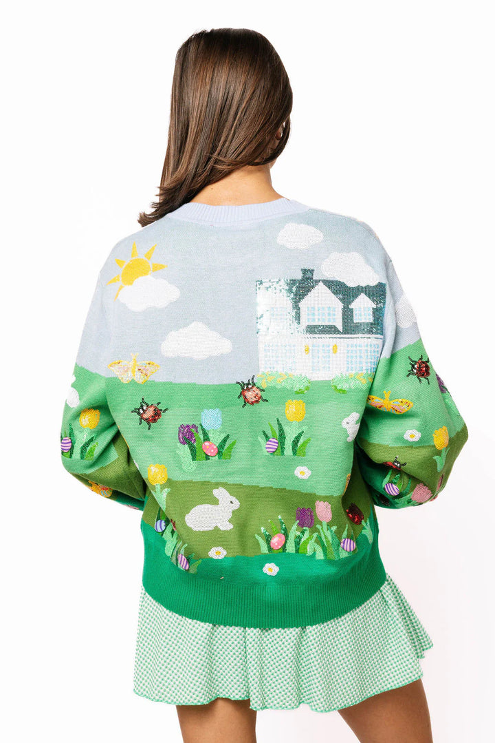 Queen of Sparkles Multi Easter Bunnies & Eggs in Yard Scene Button Up Cardigan