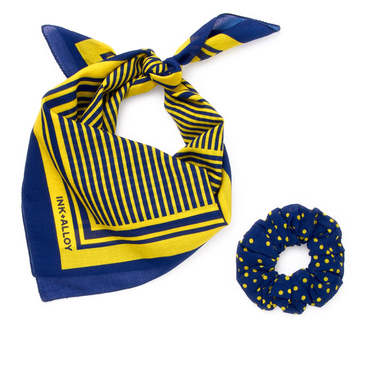 Navy & Yellow Game Day Alternating Stripe Scarf + Scrunchie Set
