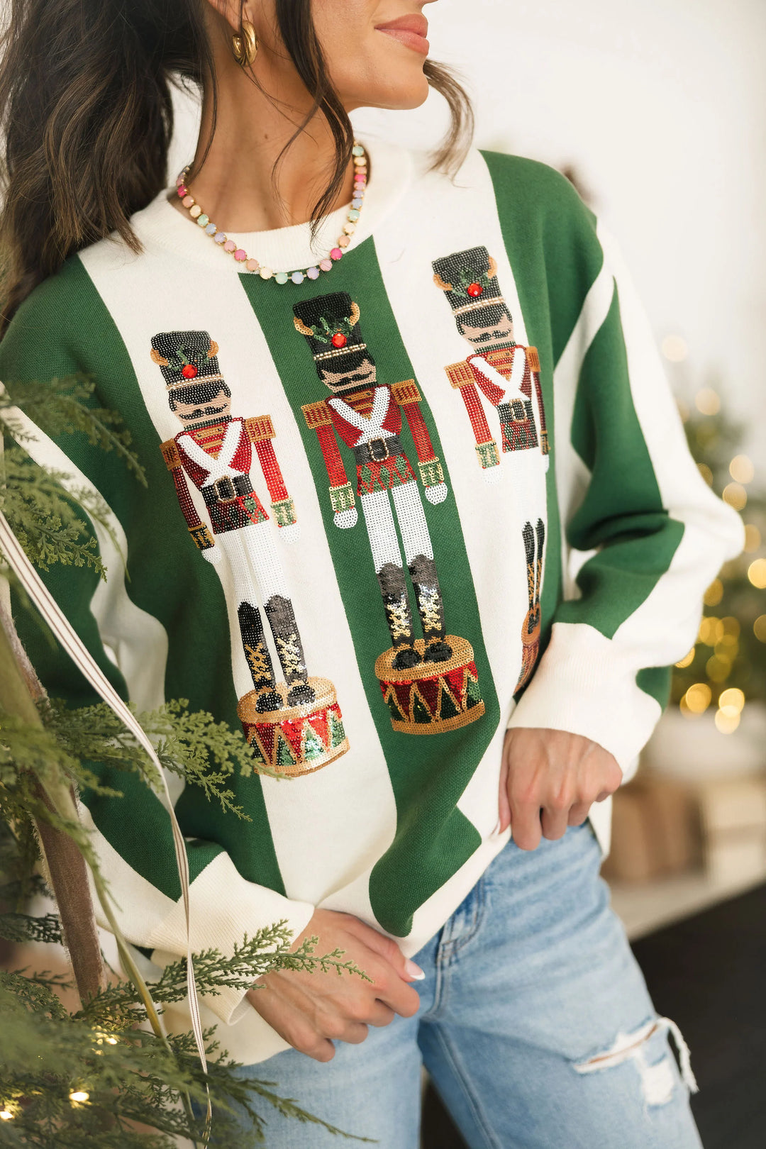 Queen of Sparkles Green & Ivory Striped Nutcracker Sweater