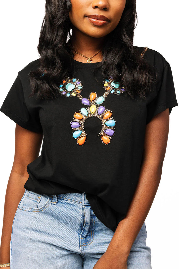 Queen of Sparkles Black Multi Turquoise Necklace Tee