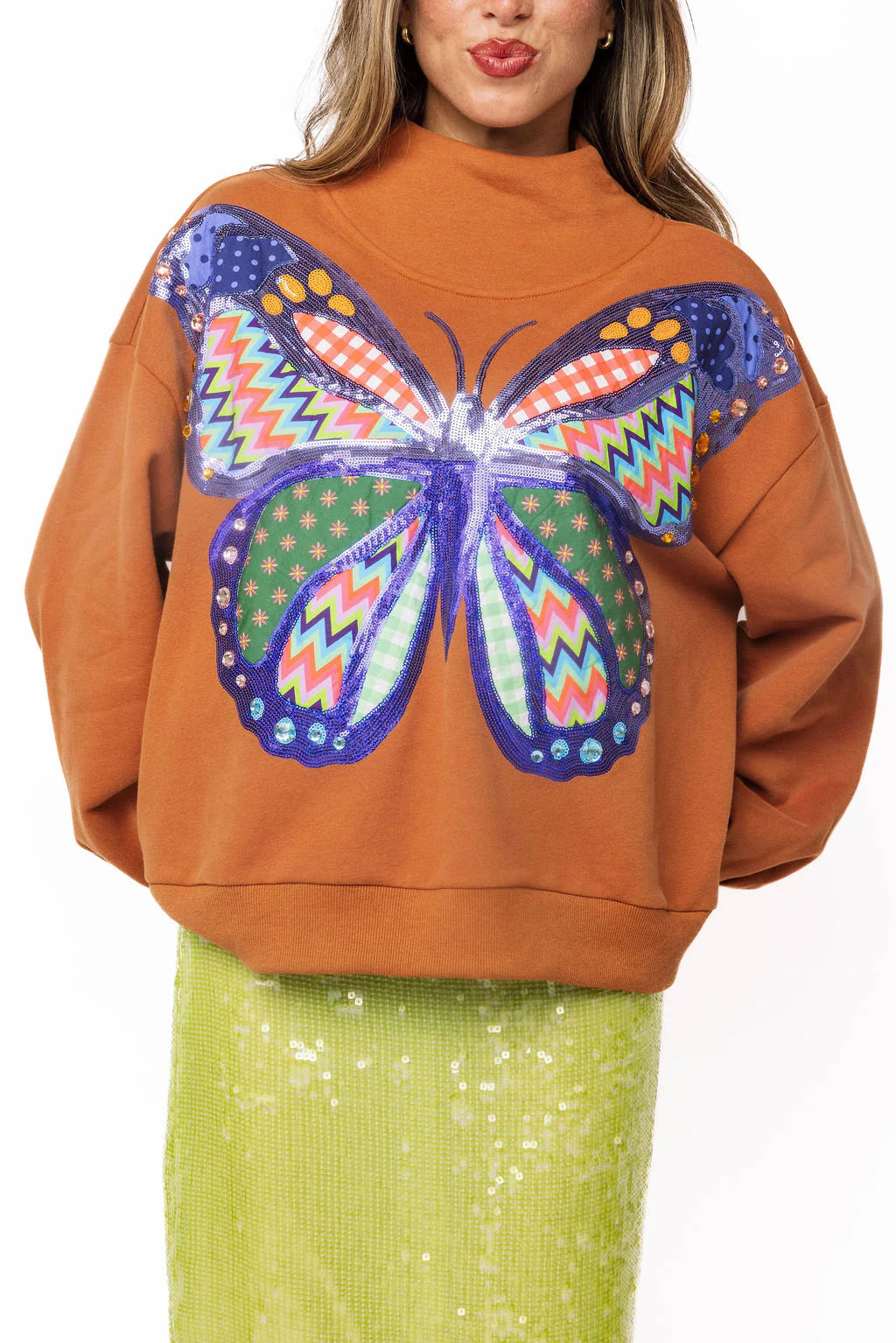 Queen of Sparkles Brown Patchwork Butterfly Mock Neck Sweatshirt