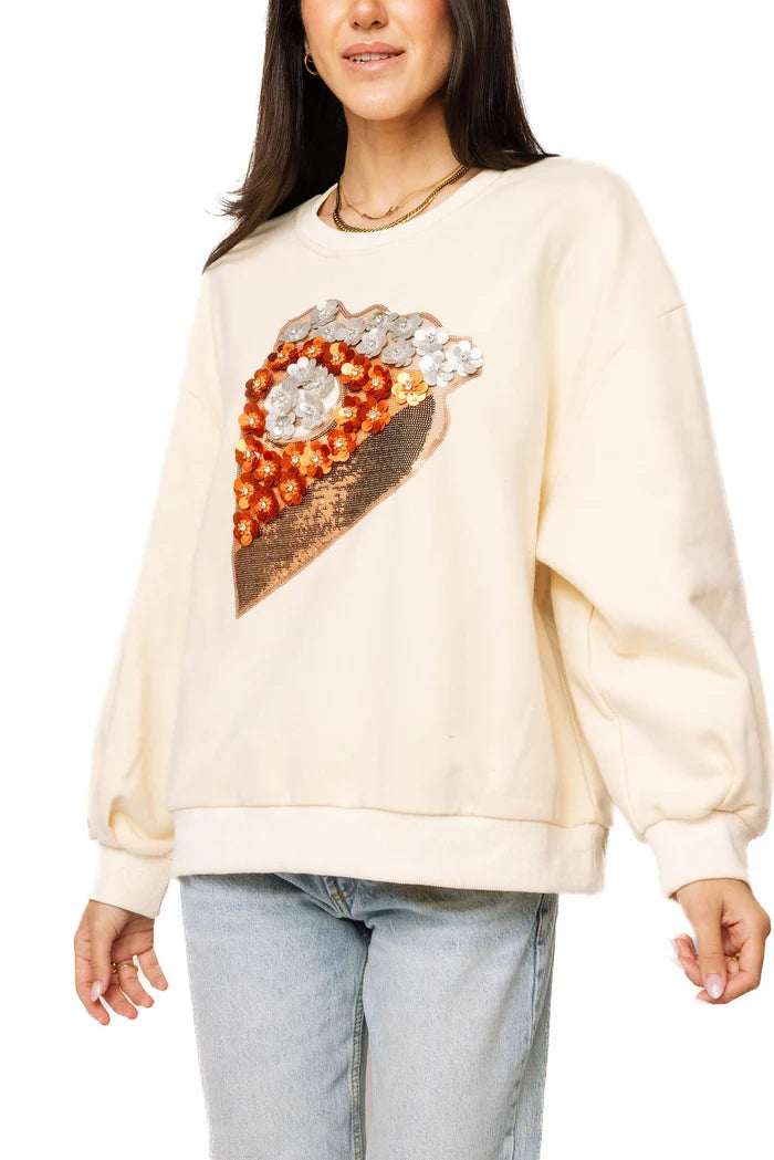 Queen Of Sparkles Beige Sequin Flower Pie Slice Sweatshirt