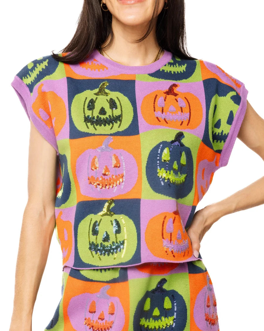 Queen of Sparkles Multi Checkered Pumpkin Knit Top