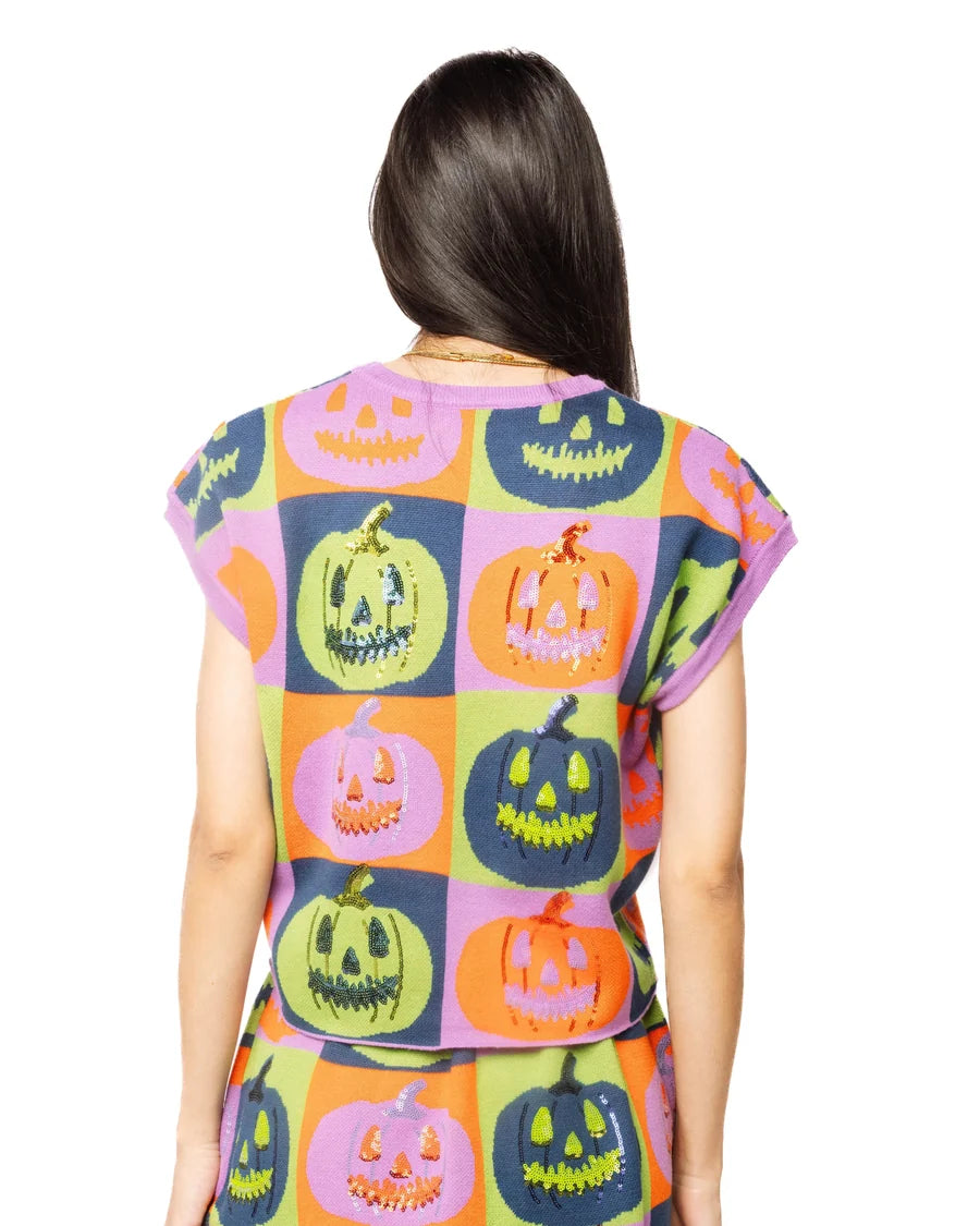 Queen of Sparkles Multi Checkered Pumpkin Knit Top