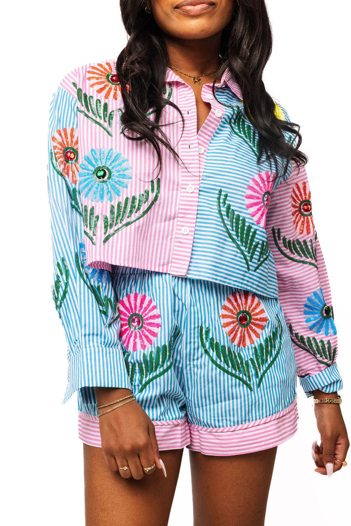 Queen of Sparkles Pink & Blue Striped Cinco Flowers Shorts