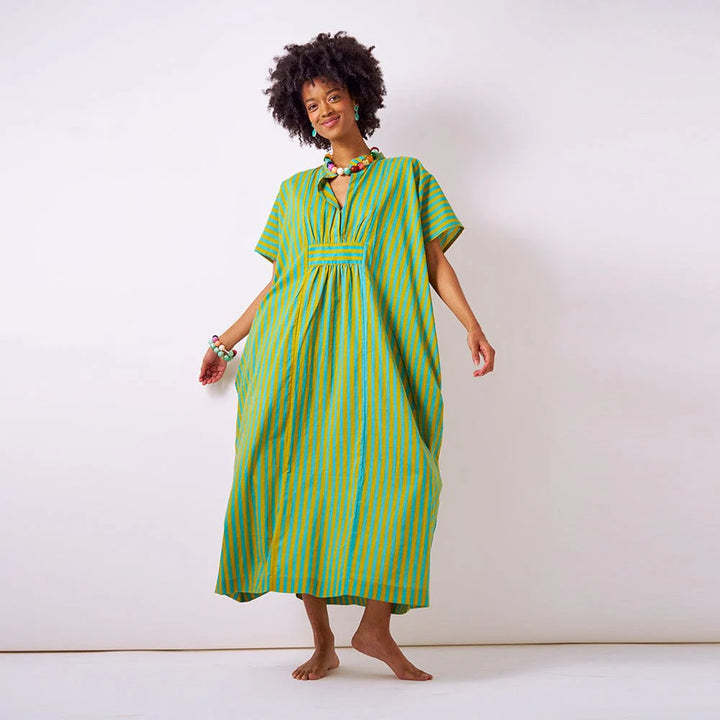 Margot Stripe Kaftan Aqua + Chartreuse