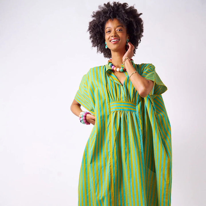 Margot Stripe Kaftan Aqua + Chartreuse