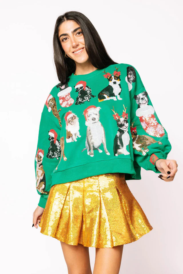 Queen of Sparkles Green Christmas Puppies Sweatshirt