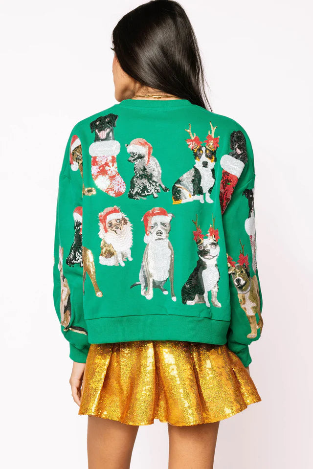 Queen of Sparkles Green Christmas Puppies Sweatshirt