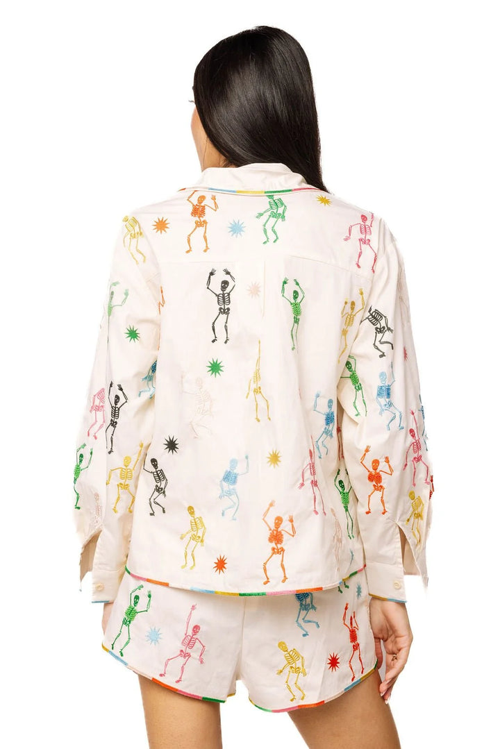 Queen of Sparkles Beige Multi Skeleton Cotton Button Up Top
