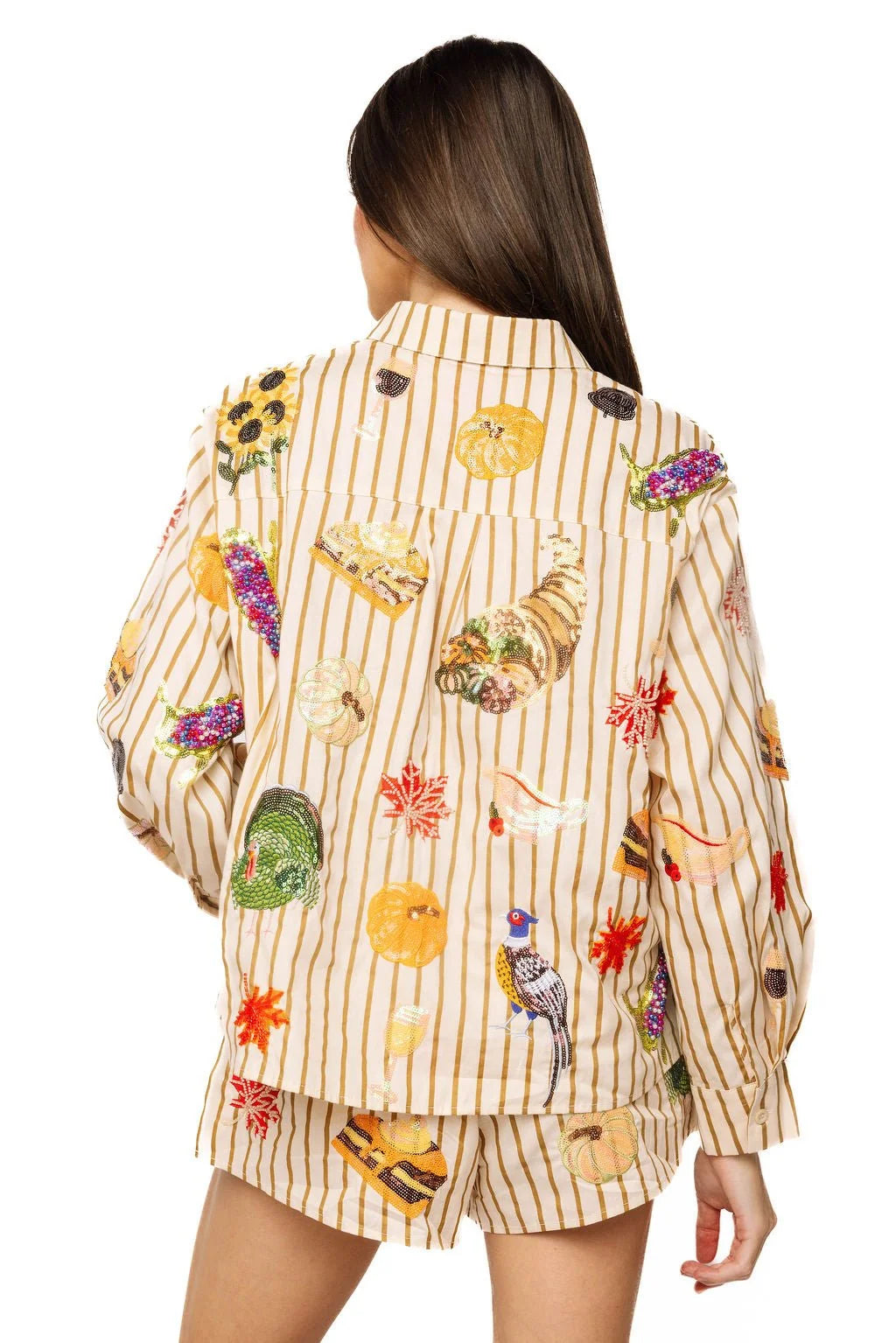 Queen of Sparkles Beige Striped Thanksgiving Icon Cotton Button Up Top