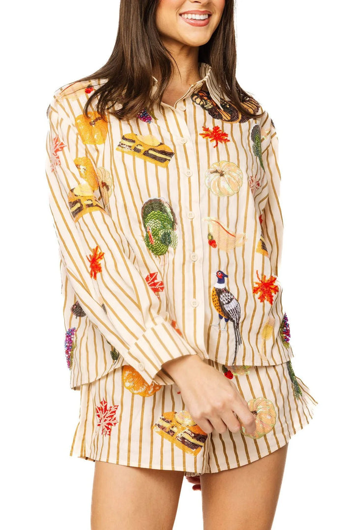 Queen of Sparkles Beige Striped Thanksgiving Icon Cotton Button Up Top
