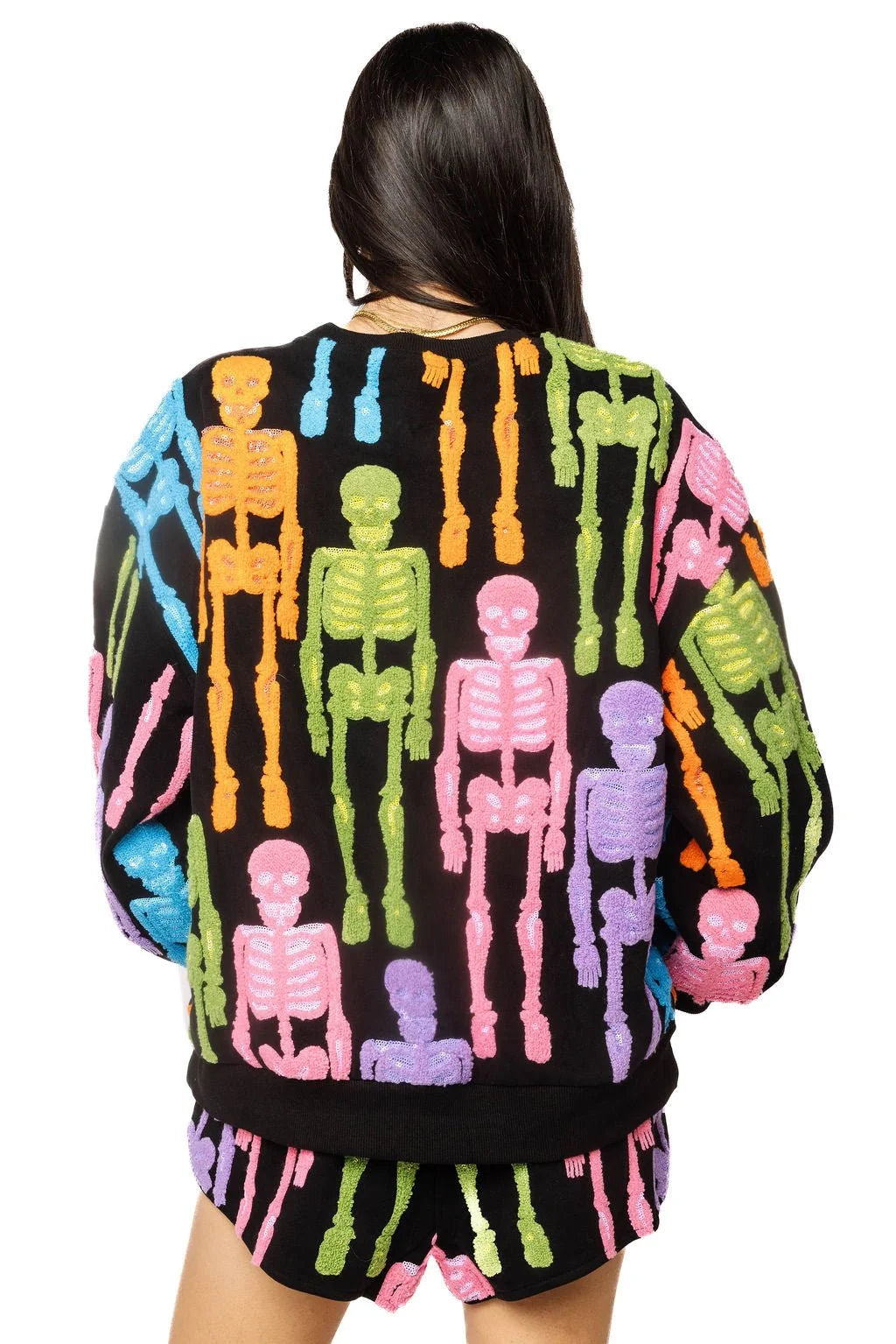Queen of Sparkles Black Multi Fuzzy Skeleton Sweatshirt