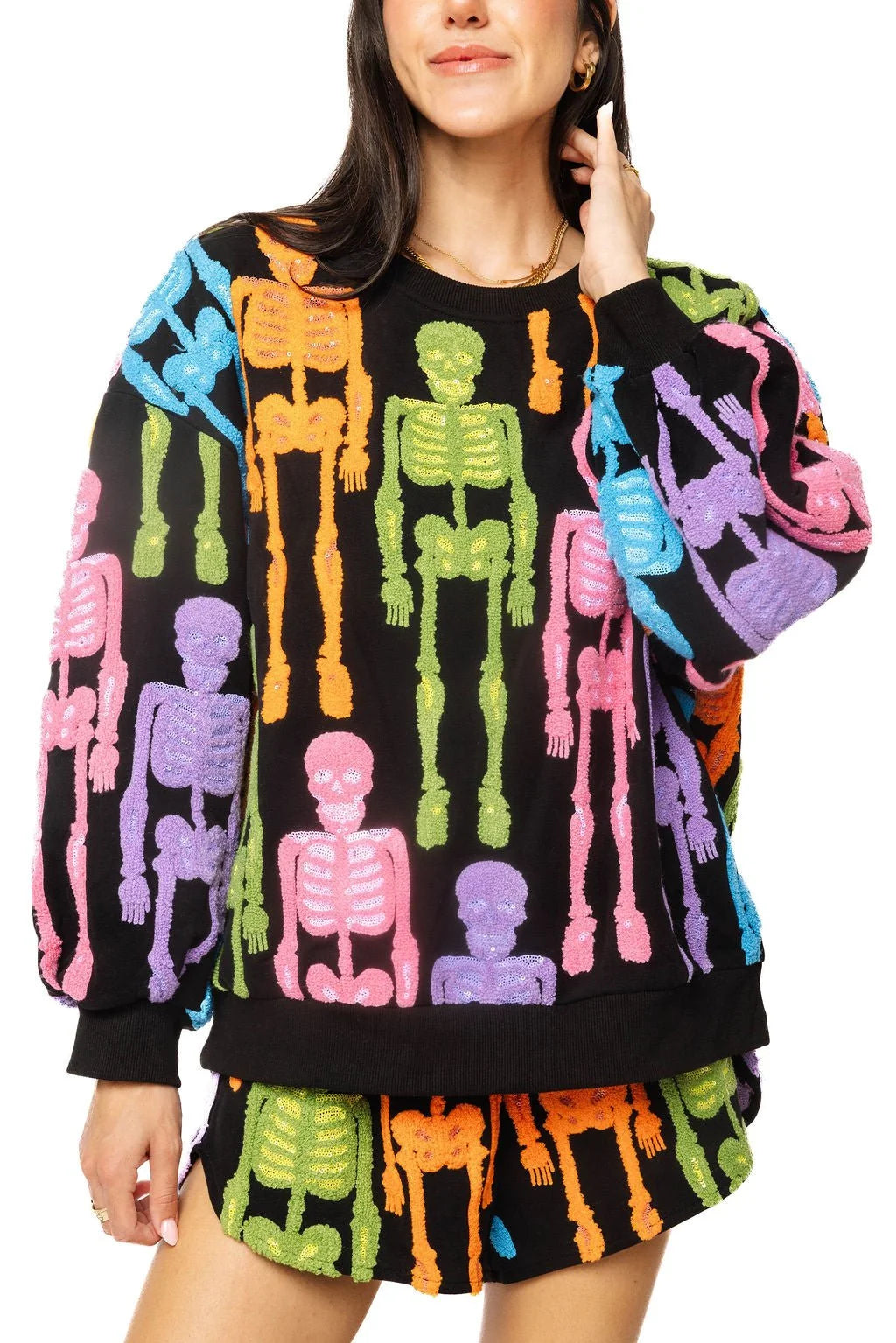 Queen of Sparkles Black Multi Fuzzy Skeleton Sweatshirt