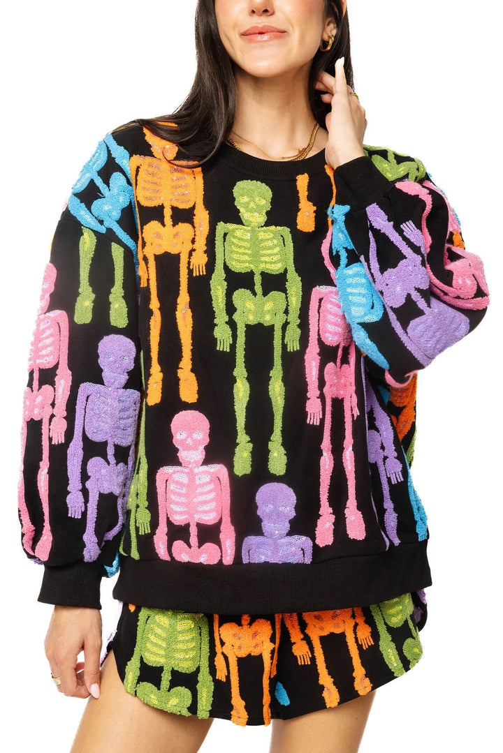 Queen of Sparkles Black Multi Fuzzy Skeleton Sweatshirt