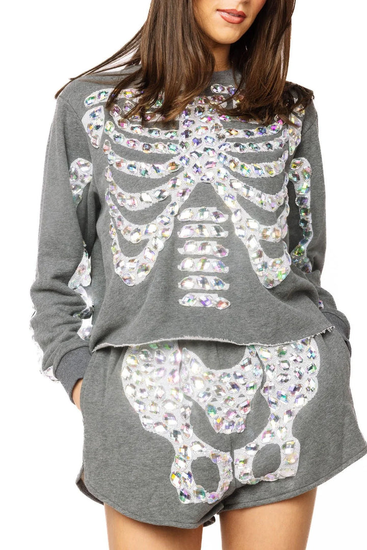 Queen of Sparkles Charcoal Iridescent Jeweled Skeleton Sweatshirt