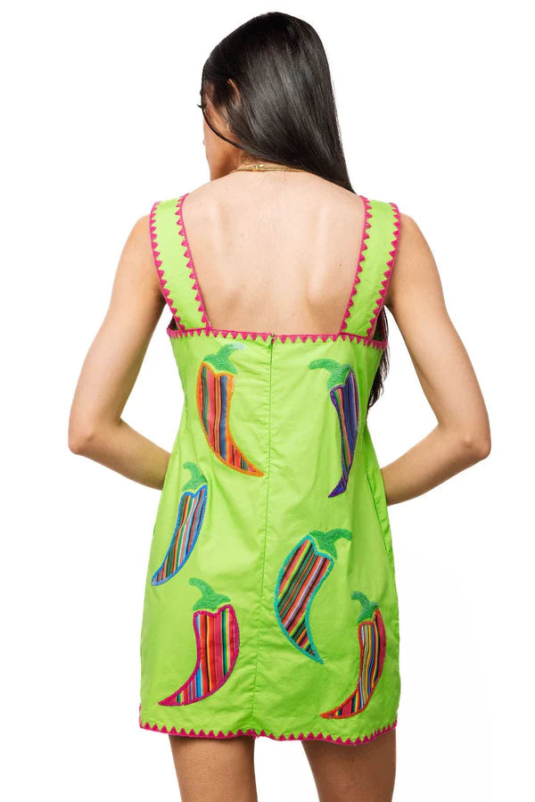 Queen of Sparkles Green & Pink Embroidered Trim Chili Pepper Tank Dress