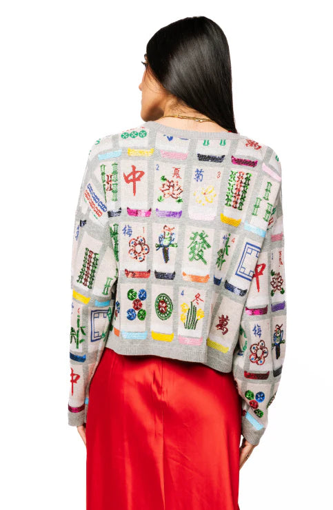 Queen of Sparkles Grey Mahjong Tile Tie-Up Knit Sweater