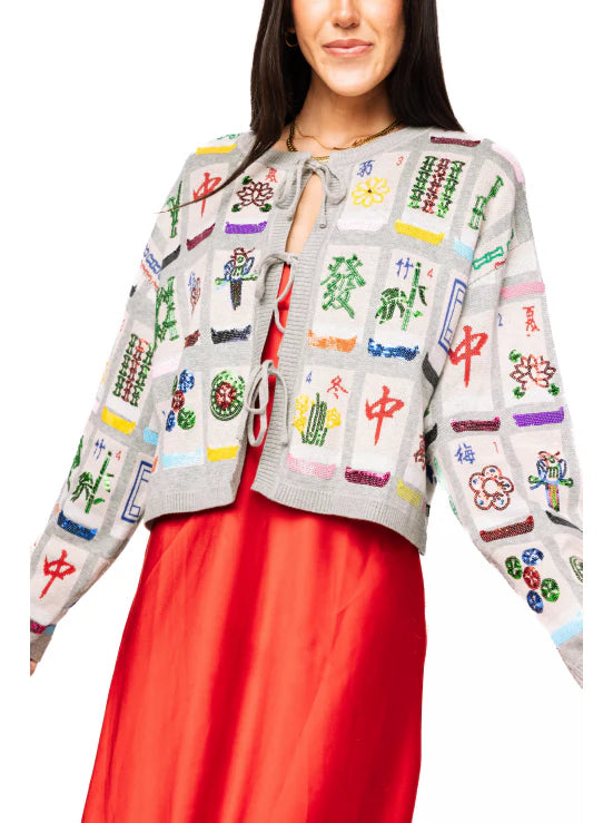 Queen of Sparkles Grey Mahjong Tile Tie-Up Knit Sweater