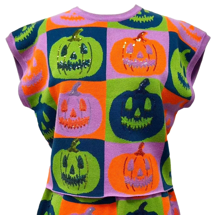 Queen of Sparkles Multi Checkered Pumpkin Knit Top