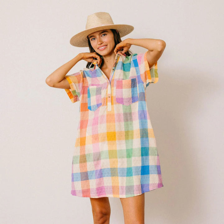 Sunshine Tienda Rainbow Plaid Getaway Mini Dress