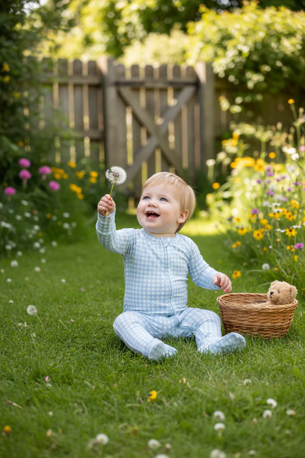 Goosies Kid's Gingham in Cottage Blue Zip Pajamas