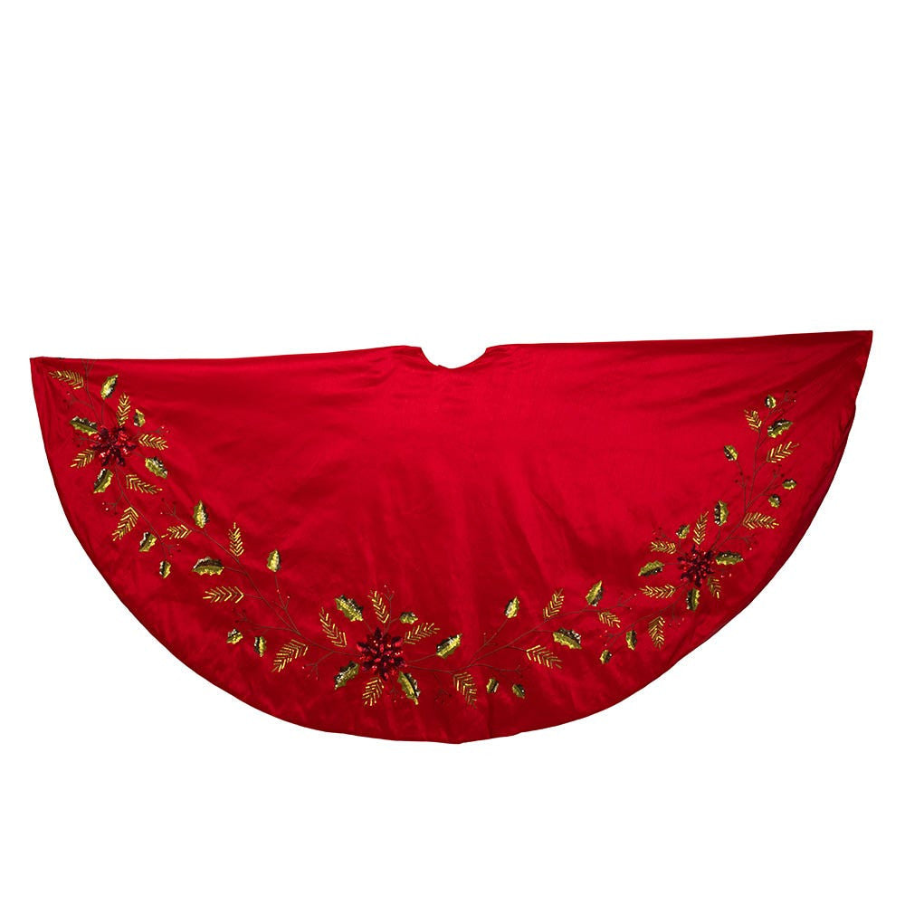 Kurt Adler Red Dupion with Multi Sequin Poinsettia & Holly Leaves Tree Skirt