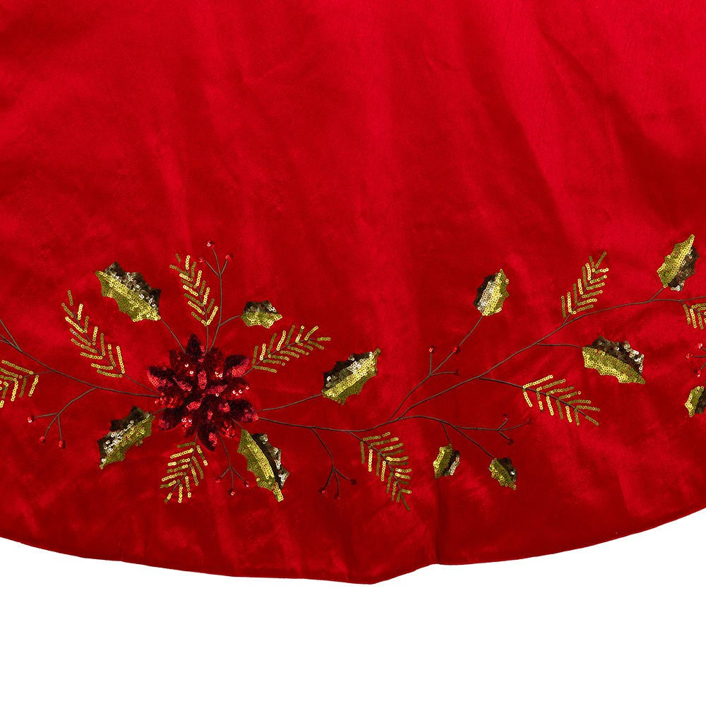 Kurt Adler Red Dupion with Multi Sequin Poinsettia & Holly Leaves Tree Skirt