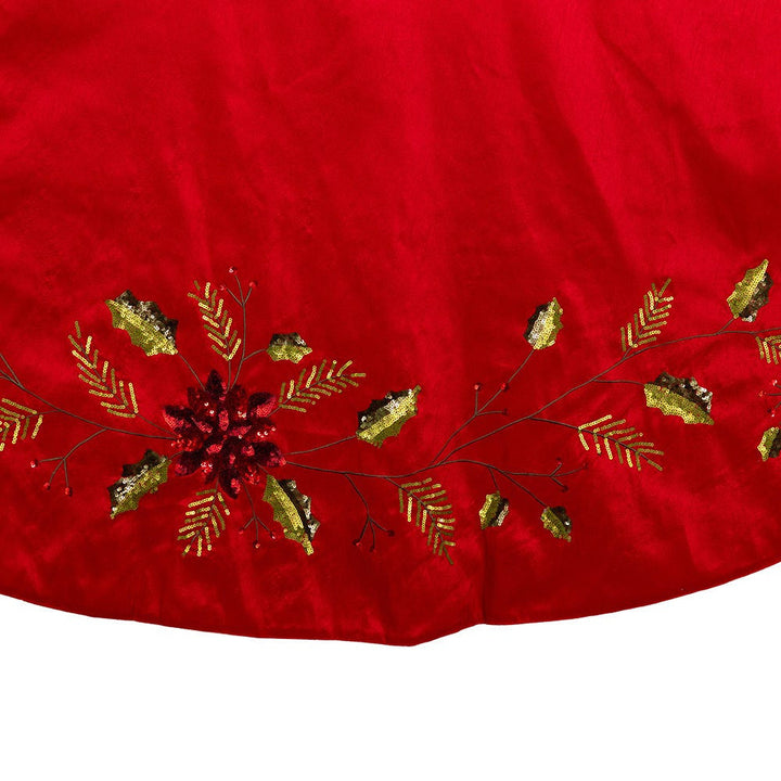 Kurt Adler Red Dupion with Multi Sequin Poinsettia & Holly Leaves Tree Skirt