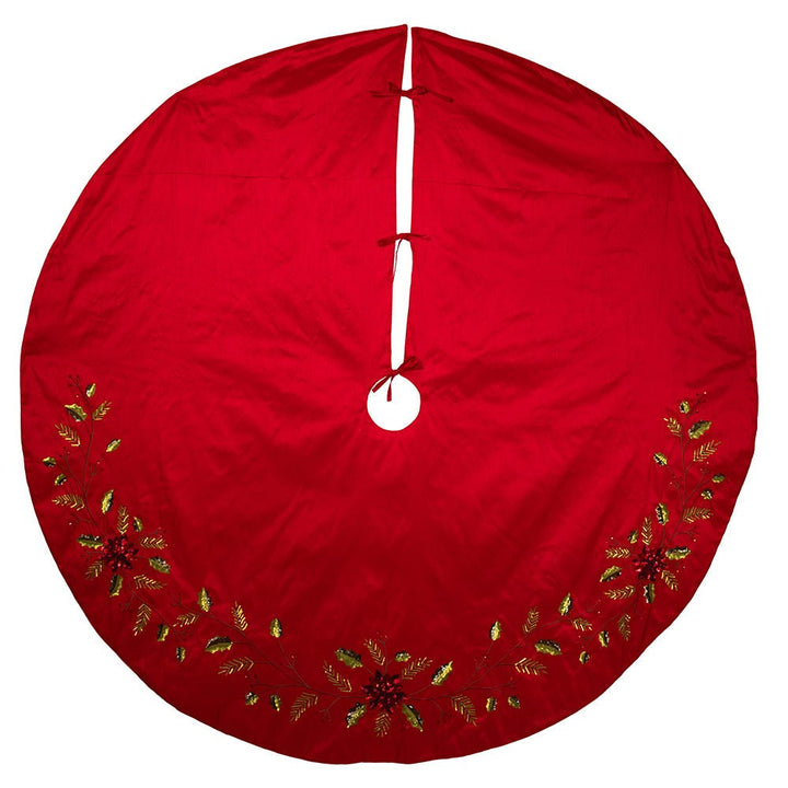 Kurt Adler Red Dupion with Multi Sequin Poinsettia & Holly Leaves Tree Skirt