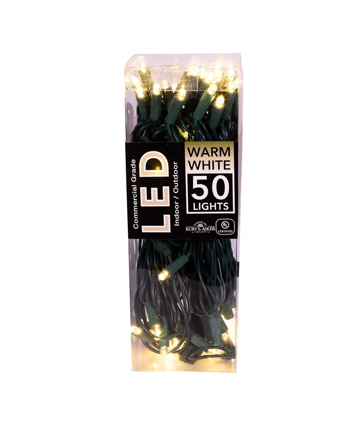 Kurt Adler 24.5' UL 50L Warm White 5MM LED Green Wire Light Set