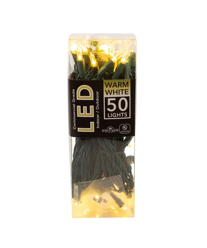 Kurt Adler 24.5' UL 50-Light Warm White Mini LED Green Wire Light Set