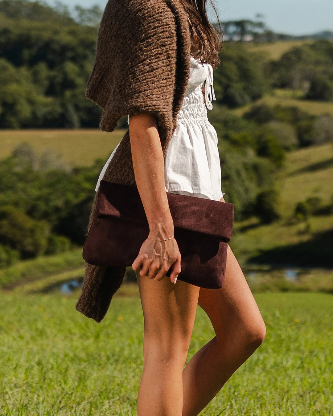 Louenhide Chocolate Luka Suede Clutch Crossbody