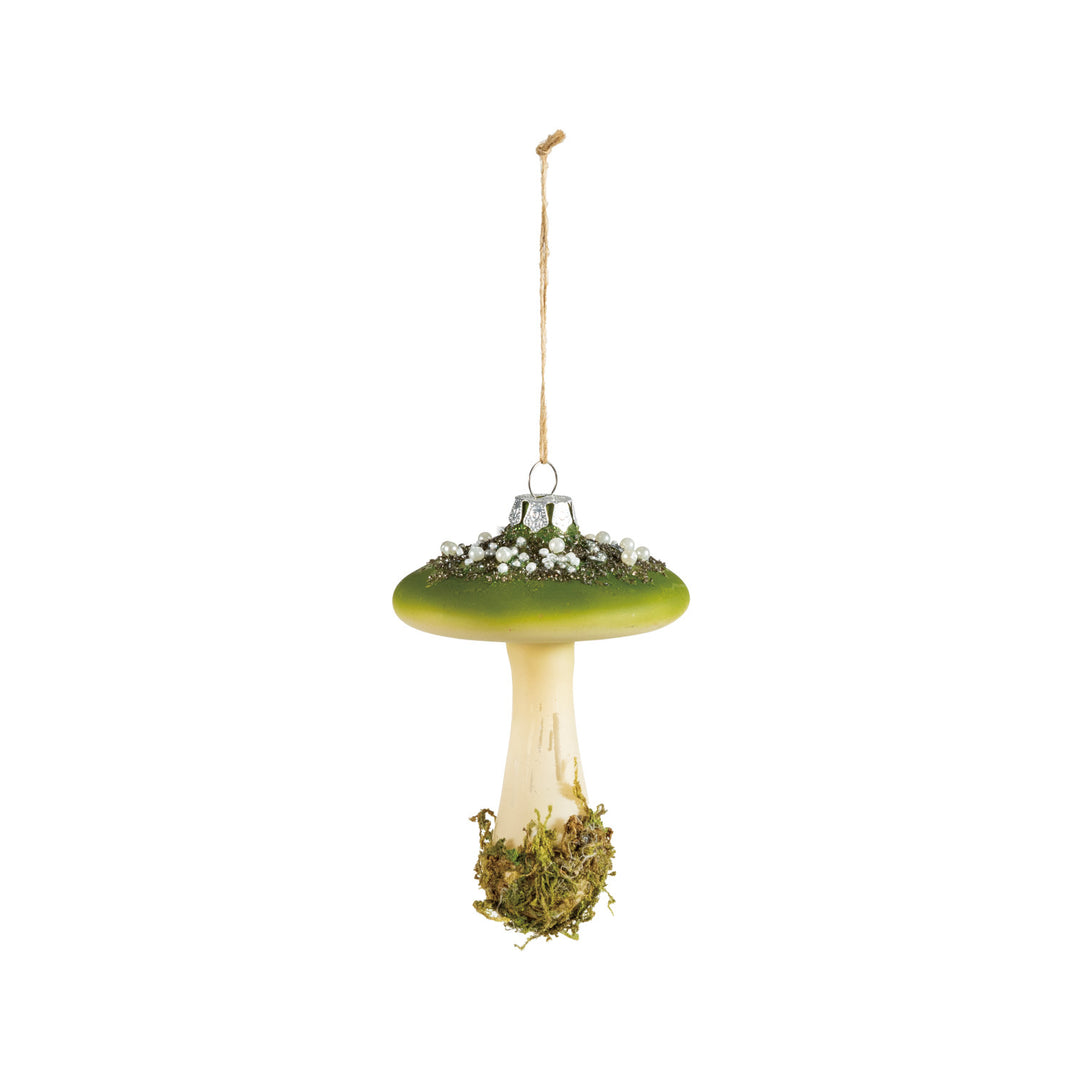 Green and White Hand-Painted Glass Mushroom Ornament