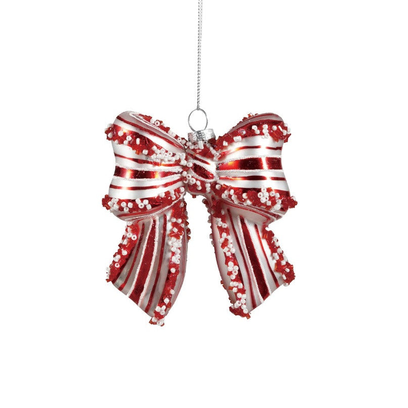 Red and White Hand-Painted Glass Candy Striped Bow Ornament