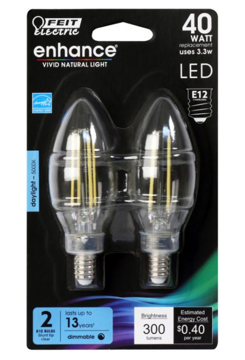Feit Electric Enhance B10 E12 (Candelabra) Filament LED Bulb Daylight 40 Watt Equivalence 2 pk