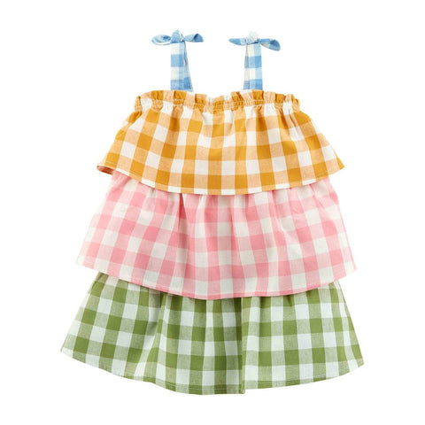 Girl's Gingham Check Tiered Dress