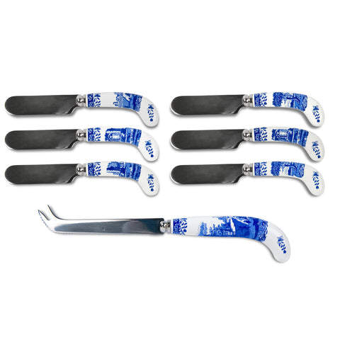 Spode - Cheese Knife & 6 Spreaders - Blue Italian