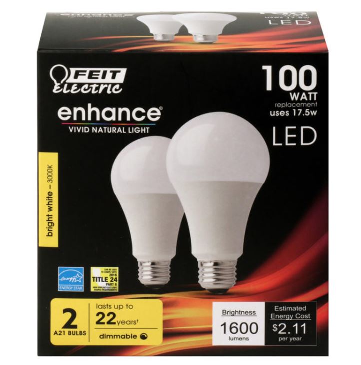 FEIT Electric Enhance A19 E26 (Medium) LED Bulb Bright White 100 Watt Equivalence 2 pk