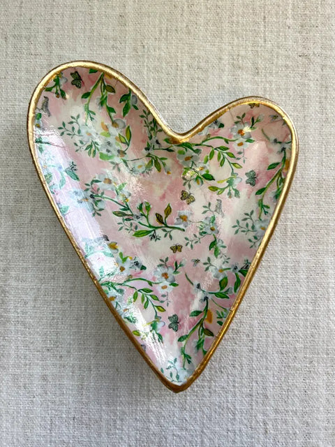 Decoupage Ceramic Heart Trinket Dish - Floral Butterflies
