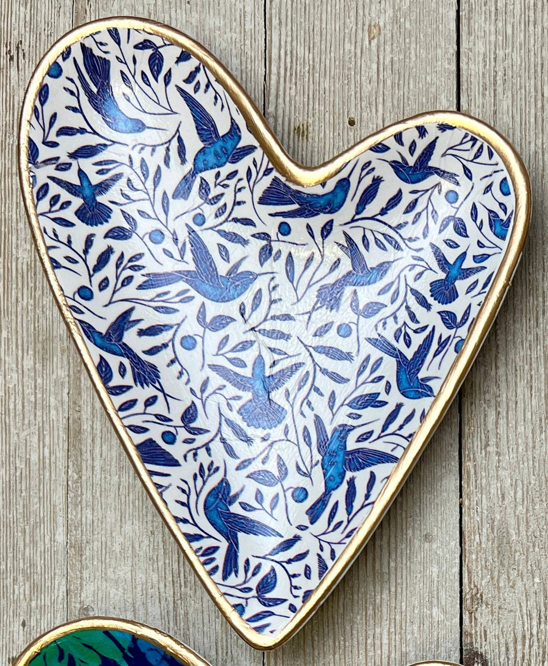 Decoupage Ceramic Heart Trinket Dish - Blue Birds