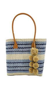 Shebobo - Imperial Sisal Medium Basket Bag with Pompoms - Blue Stripes