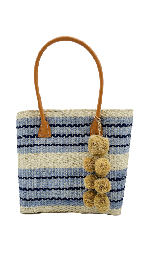 Shebobo - Imperial Sisal Medium Basket Bag with Pompoms - Blue Stripes