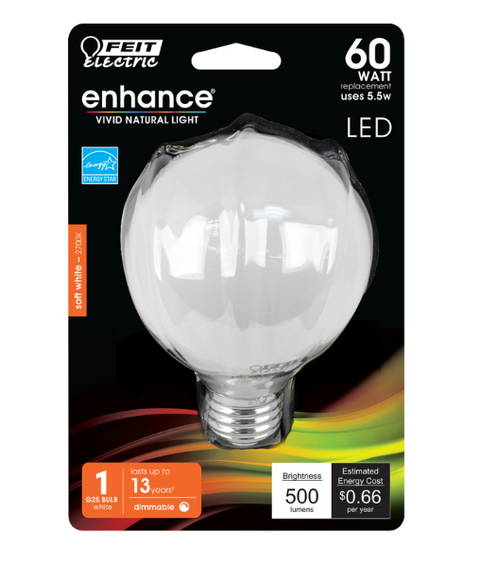 LED Bulb Feit Electric Enhance G25 E26 (Medium) Soft White 60 Watt