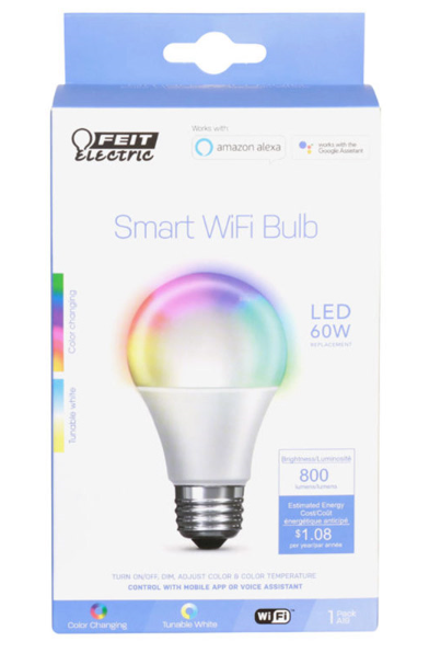 LED Bulb FEIT Electric A19 E26 (Medium) 60W Smart WiFi Color Changing