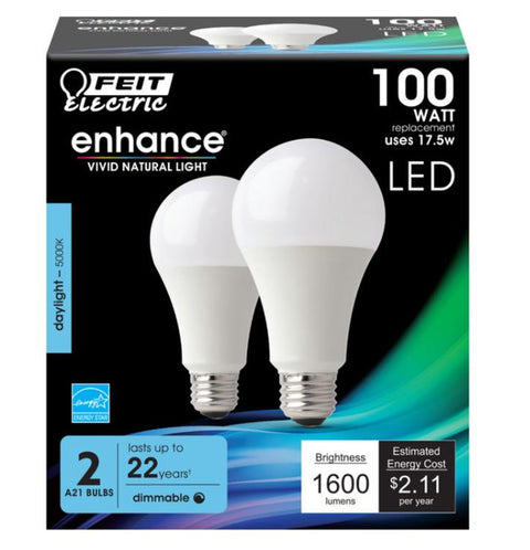FEIT Electric Enhance A19 E26 (Medium) LED Bulb Daylight 100 watt Watt Equivalence 2 pk