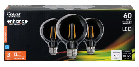 Feit Electric Enhance G25 E26 (Medium) Filament LED Bulb Soft White 60 Watt Equivalence 3 pk