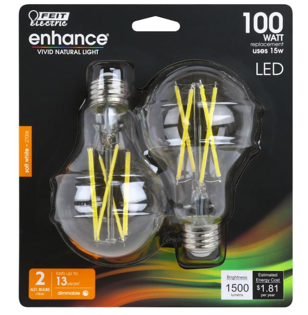 FEIT Electric Enhance A21 E26 (Medium) Filament LED Bulb Soft White 100 Watt Equivalence 2 pk